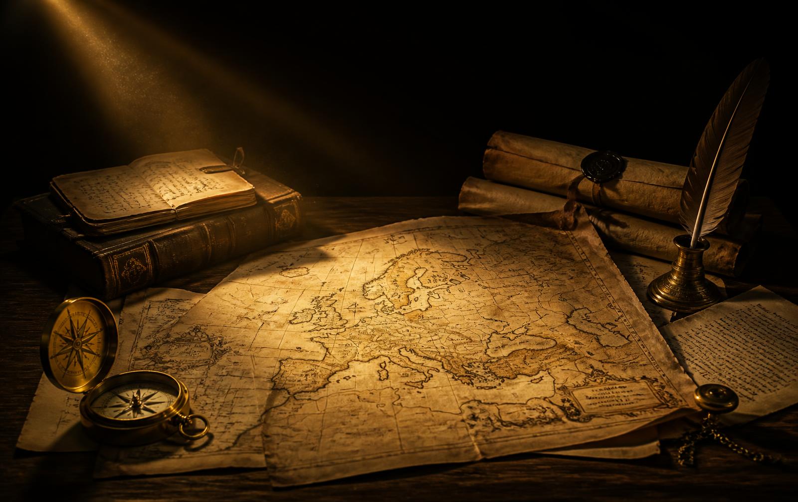 Mapa antiguo de Europa con brújula y manuscritos